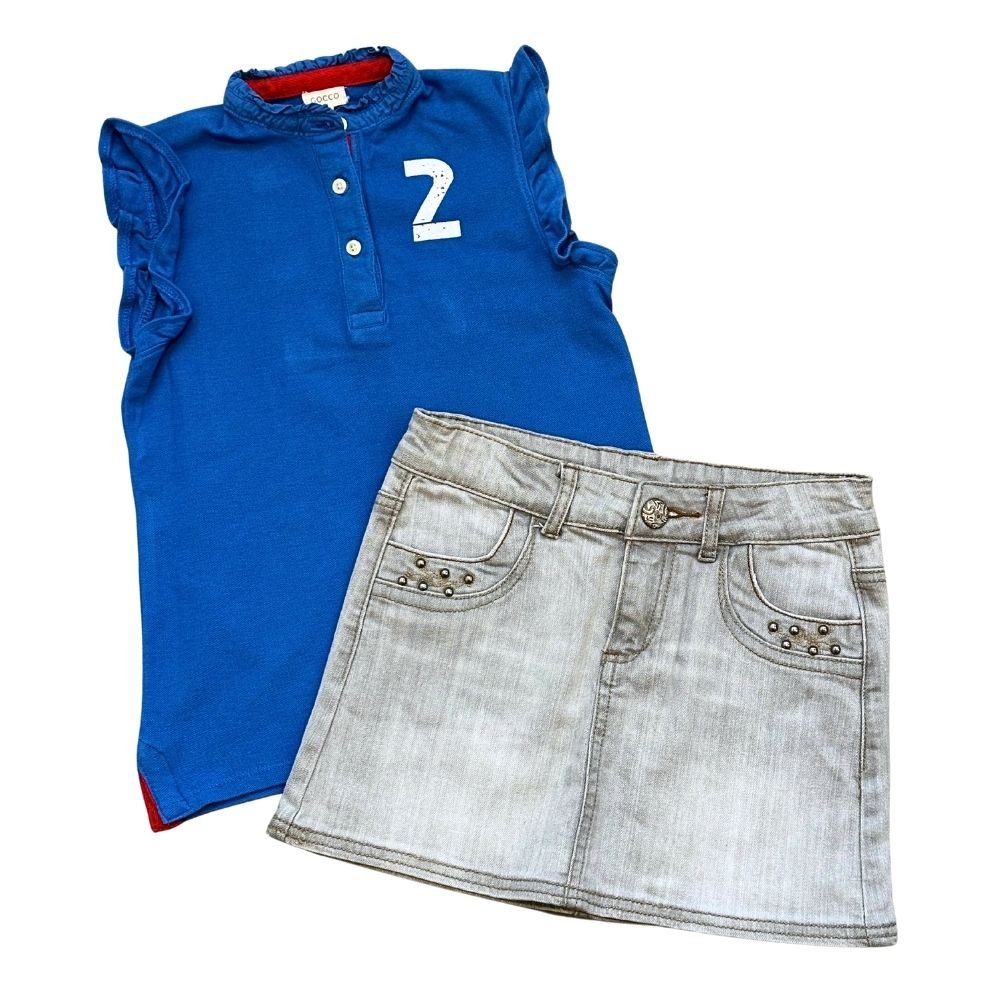 Conjunto remera tipo polo de Gocco y falda vaquera denim gris clarita de Zara, para niña de 7-8 años